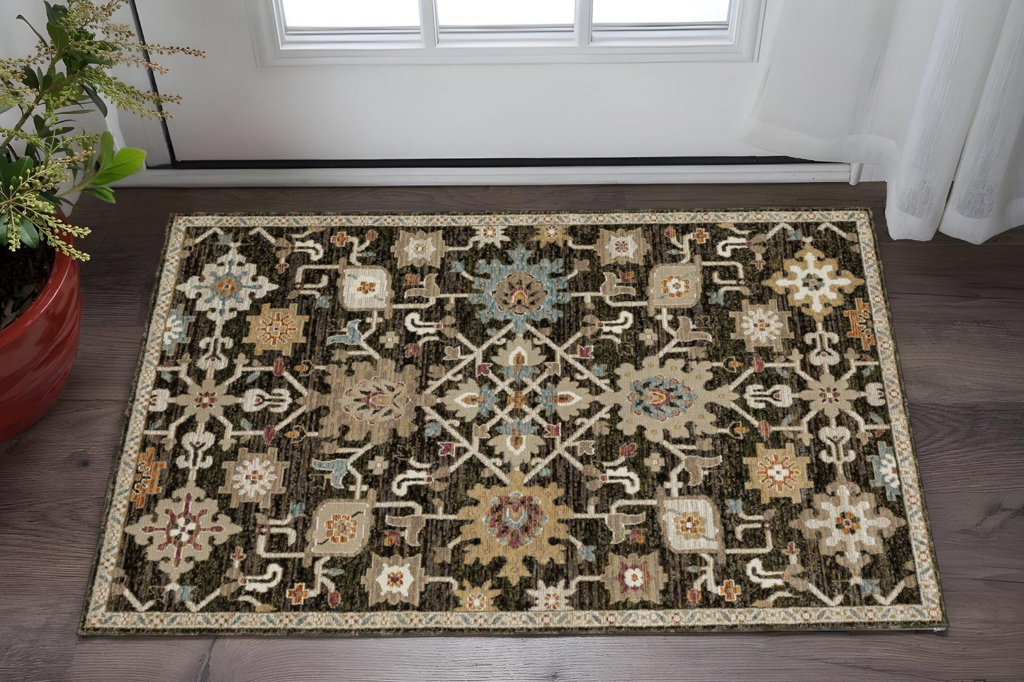2' X 3' Brown Black And Ivory Oriental Area Rug