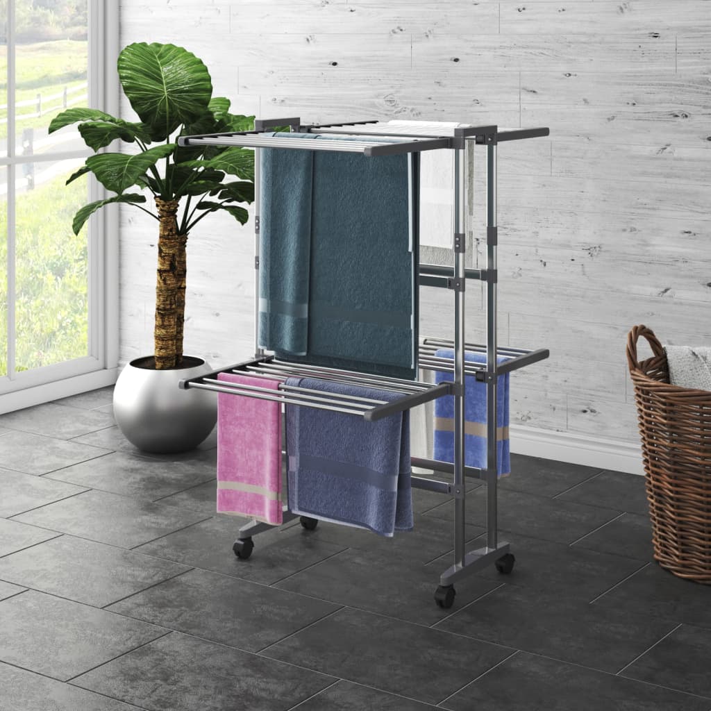 vidaXL Clothes Hanger Foldable Clothes Drying Rack Stand with Wheels Silver