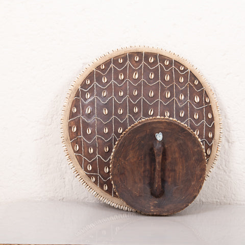 Wooden Natural Cameroon Shield with Cowrie Shells | Beaded Triangle Design