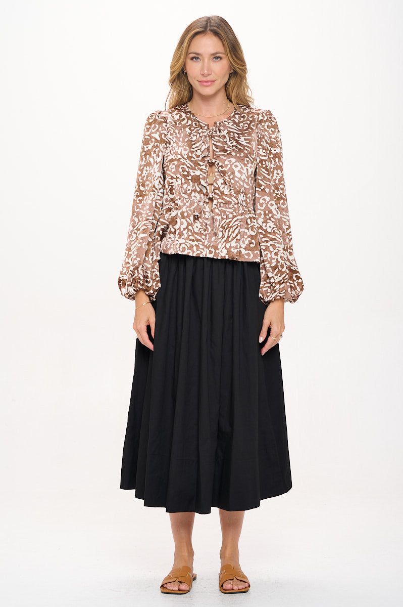 Animal Print Long Puff Sleeve Top with Front Tie Detail