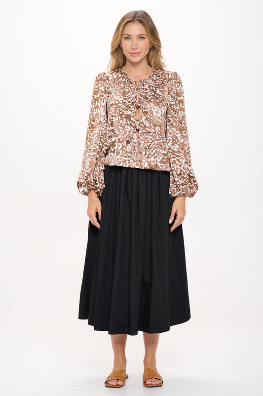 Animal Print Long Puff Sleeve Top with Front Tie Detail