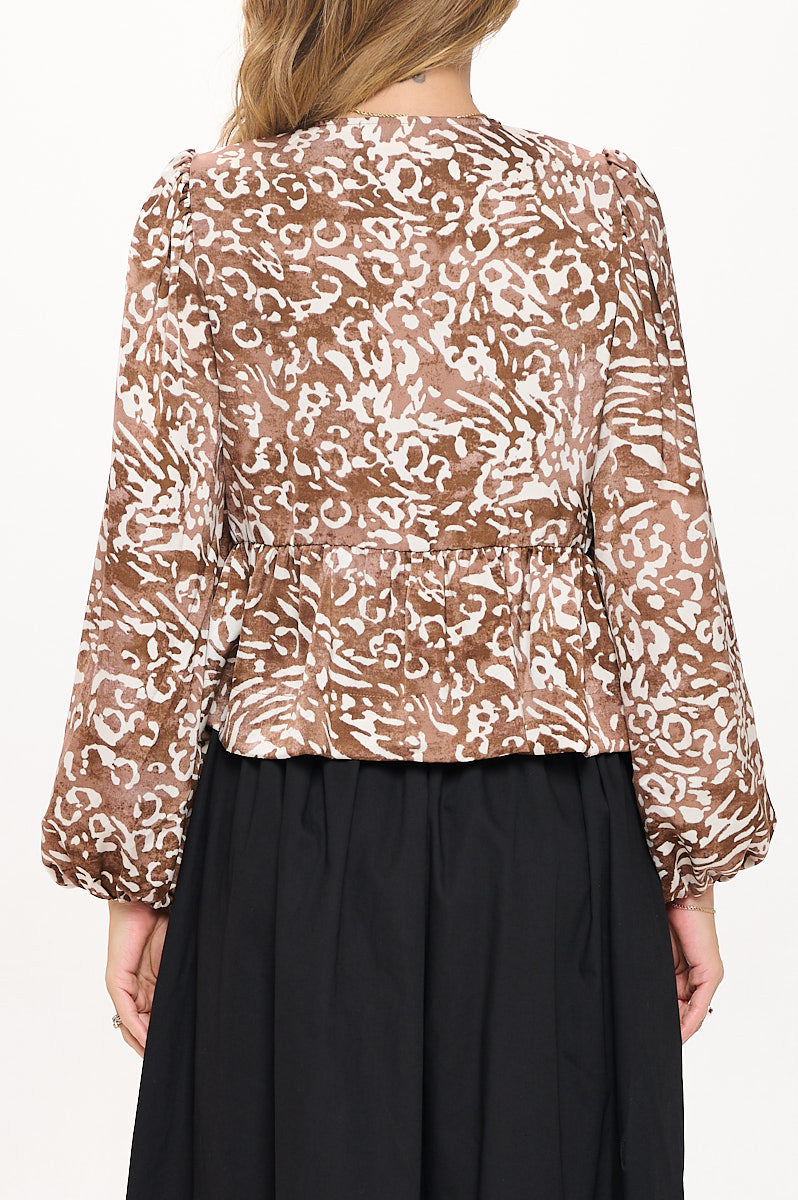 Animal Print Long Puff Sleeve Top with Front Tie Detail