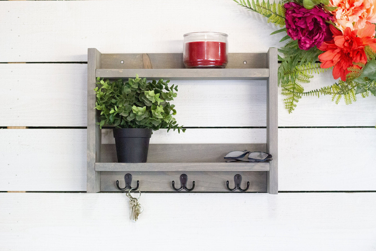 Wooden Key Hooks with Shelf
