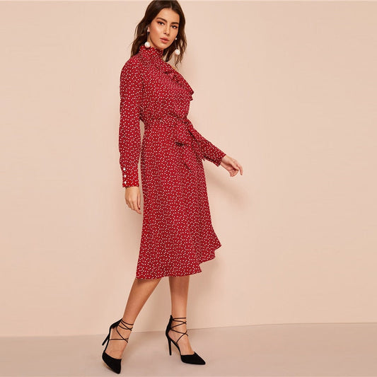 Polka Dot Print Ruffle Trim Cut Out Neck Sexy Dress Women Clothes Spring Glamorous Long Sleeve Belted Midi Dress